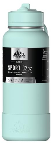 Hydrapeak 32oz Sport Insulated Water Bottle with Straw Lid, Leak & Spill Proof, Keeps Drinks Cold for 24 Hours, Hot for 12 Hours, Premium Stainless Steel Water Bottles (32oz, Fresh Mint)