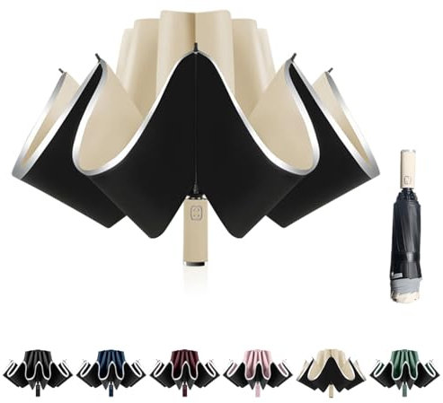 Sykrawki Sturmfester umgekehrter Regenschirm mit 10 Rippen, automatisch auf/zu, kompakt, Ø 105 cm - Für Damen und Herren (Beige)
