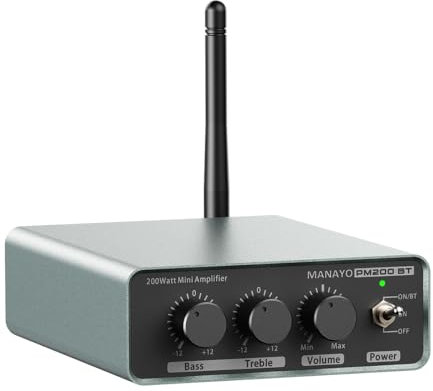 MANAYO Amplificador Bluetooth de 200 W para altavoces pasivos, receptor estéreo doméstico de 2 canales con agudos, graves y control de volumen, compatible con teléfonos celulares, reproductores de CD