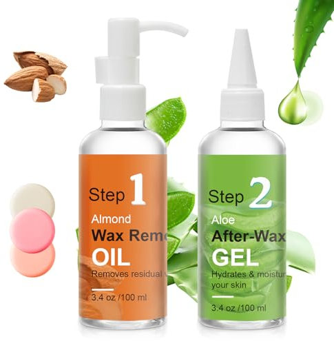 Nach Waxing Hautpflege-Kit, Mandelöl für Wachsreste zu entfernen, Post Waxing Kühlung Aloe Vera Gel für ruhige und beruhigende Haut, 2 Flaschen Haarentfernung Waxing Kit für Frauen 3.9oz/100ml