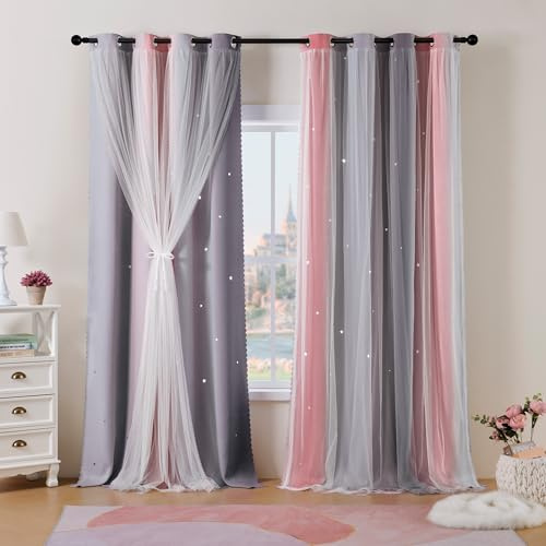 Best Baisite Gardinen Kinderzimmer 2er Set Verdunklungsvorhänge H 225 X B 132cm Doppellagige Vorhänge mit Hohlen Sternen Kinder Mädchen Baby Ösenschal Ösenvorhange Dekoration