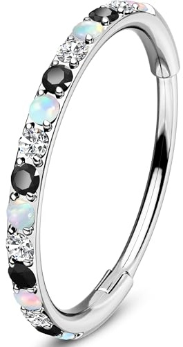 OUFER 20G Segmento a Cerniera Piercing Naso Acciaio Chirurgico 316L Nose Hoop Nero CZ Opale Orecchini Helix Conch Earring Per Le Donna 7 mm