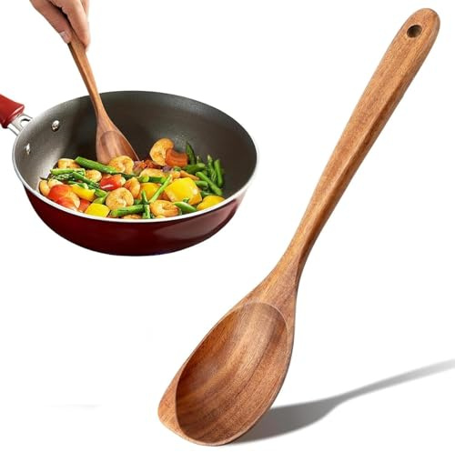 Cuillère anti-adhésive en bois - Manche de 32,5 cm de long - Grande cuillère d'angle - Ustensiles de cuisine en bois résistants à la chaleur