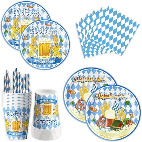 ASSUGO 60 Stück Oktoberfest pappteller Set, bayrische deko,enthält Oktoberfest Teller, Oktoberfest servietten,pappbecher,Strohhalme,Oktoberfest Accessoires für deko Oktoberfest Party,Grillpartys