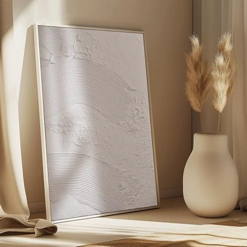 DekoArte- Cuadro Decoración Salón Moderno en Relieve Blanco - ONDA - 60x90 cm - Cuadros con marco blanco incluido
