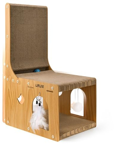 LIFLIX Double-layer L-shaped Cat Scratching Board, Cat Scratching Post with Toys, Cardboard Scratcher & Hideaway for Indoor Cats to Scratch, Rest and Play