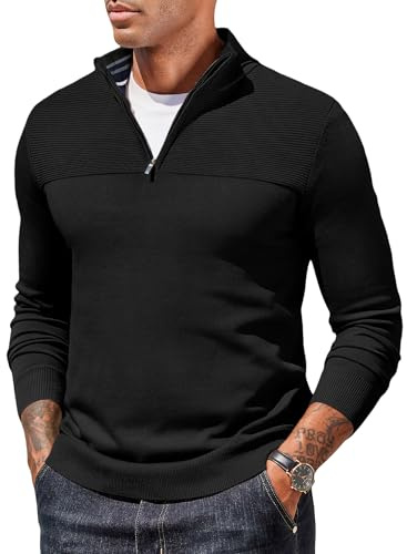 COOFANDY Maglione da Uomo 1/4 Zip Casual Maglione con Zip Invernale Maglioni a Maniche Lunghe con Collo Alto Pullover Sweater Nero M