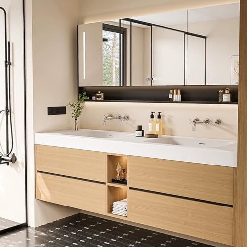 ARKCHIU Mueble De Baño Doble con Lavabos, Conjunto De Mueble De Baño con Cajones, LED Gabinete De EspejoBeige,160cm/63in