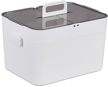 Relaxdays Husapotek Medicinlåda, 5 fack, första hjälpen låda 2 separata våningar, plast, H x B x D: 22 x 28,5 x 21,5 cm, vit/grå