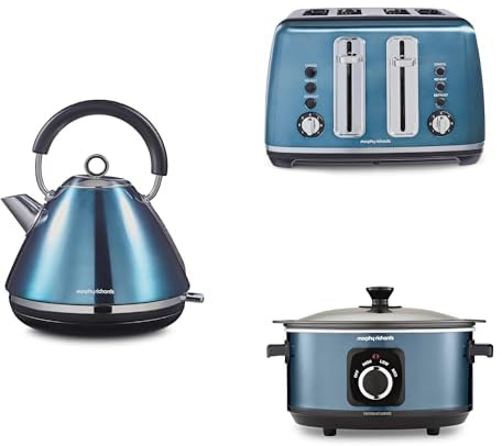 Morphy Richards Accents Kitchen Bundle, 1.5L, 3KW Rapid Boil Pyramid Kettle, 4 Slice Toaster & Slow Cooker 3.5L, Easy Operation, Stylish Retro Design, Matching Set, Blue, 102049 | 242049 | 460023