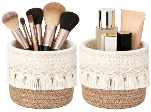 CHAOTEMAI 2 Stück Pinselhalter Schminktisch Deko Boho Deko Handgewebt | Korb Klein 10x10 CM Schmink Organizer Pinseltasche für Kosmetik Lippenstifte Schminktisch Badezimmer (Braun)