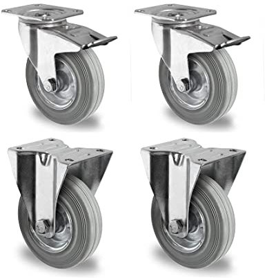 Rollensatz 2 Lenkrollen mit Feststeller + 2 Bockrollen 125 mm Vollgummi grau mit Stahlfelge