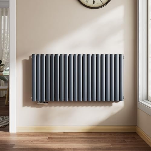 EMKE Oval Heizkörper 600x1180mm, Design Heizkörper Horizontal Doppellagig Röhrenheizkörper Seitenanschluss Anthrazit 1828W