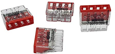 30 Stück Wago 2273-204 COMPACT-Verbindungsdosenklemme Ø 0,5-2,5 mm², 4-polig, transparent/rot | 4-polig, 450 V Steckklemmen in Transparent/Rot für Massivleiter, 0,5 - 2,5 mm² Nennquerschnitt, 24 A Nennstrom