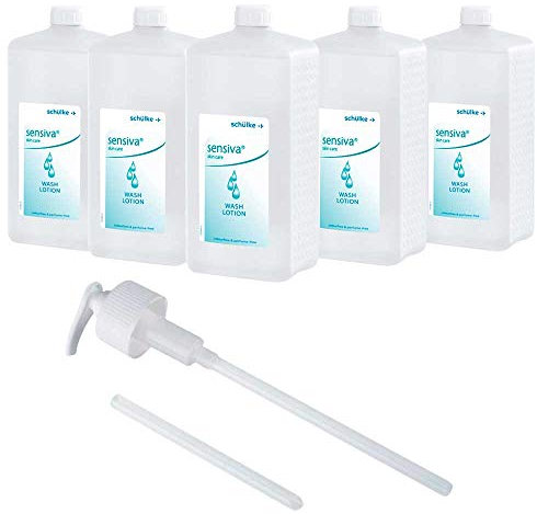 5 x 1000 ml Eurofl. Schülke Sensiva® lozione detergente liquido lozione, senza sapone + 1 pompa dosatrice
