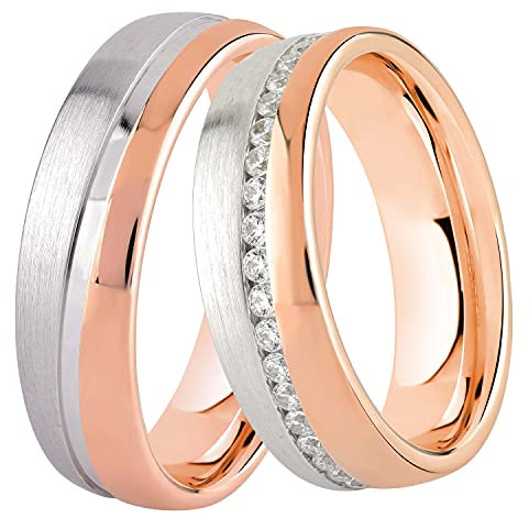 DOOSTI Damen Herren Ringe Set für Paare Bicolor 925 Sterling Silber Rosegold vergoldet als Partnerringe Freundschaftsringe Verlobungsring Mann Frau inkl. Gravur mit Namen (Ring mit Zirkonia, 50)