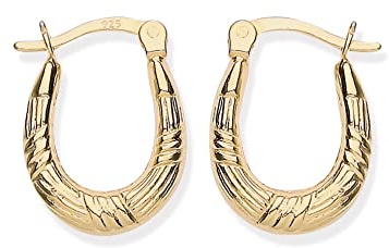 9ct Gold on Silver Oval Creole Earrings - Patterned Hoop