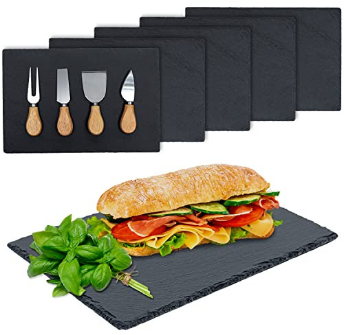TRHN24 by Trendhafen24 Schieferplatte Servierplatte mit Besteck (6er Set) - 30x20 cm Servierplatten aus Schiefer ideal als Sushi Platte oder für Käse