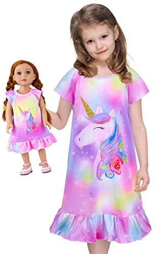 Beinou Camisón para Niñas Vestido a Juego para Muñeca, Pijama de Unicornio de Manga Corta para Niñas de 3 a 9 Años y Muñecas de 18
