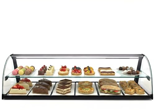MBH - Vetrina neutra da banco 119 cm, vetro curvo temperato, 2 ripiani, con illuminazione LED, porte posteriori scorrevoli, per bar, caffetteria, ristorante, brioche e pasticceria.