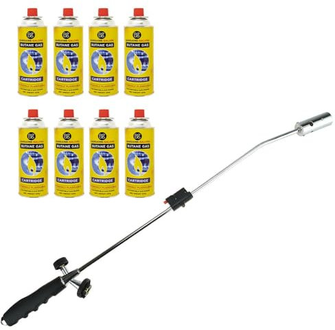 Gas Powered Weed Burner with Auto Ignition - Weed Burner Gas Weed Killer with Adjustable Flame | Butane Gas Canister Compatible Weed Wand | Eco-Friendly Flame Thrower | Burner + 8 Gas Bottles