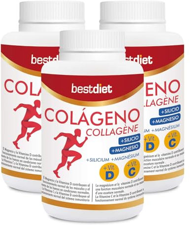Bestdiet - Colageno con Magnesio, Vitamina C y D y Silicio en Comprimidos, Colágeno Hidrolizado para Mantenimiento de la Piel, Articular y de Cartílagos, Pack de 3 botes de 120 Comprimidos.