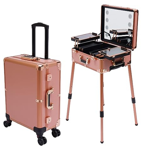 SHZICMY - Trolley per cosmetici, valigetta per trucco con illuminazione e specchio, make up case con gambe regolabili, stazione di trucco professionale con ruote, trolley per cosmetici, beauty case