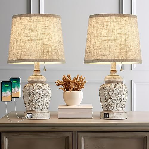 Fullarge 19.5 Vintage Rustic Table Lamp Set of 2 Farmhouse Table Lamps for Living Room Bedroom Decor with USB Ports Traditional Carved Floral White Bedside Night Light Lamps with Pull Chain Switch