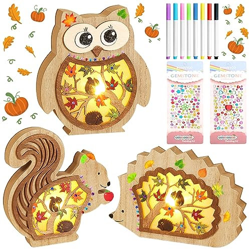 TOPJOWGA LED-Stimmungsleuchten Herbst, 3 Stück Herbst Deko Leuchten aus Holz, Eule Igel Eichhörnchen Herbstdeko LED Herbstblätter, DIY Herbst Dekoration Motivleuchten Tischdekoration