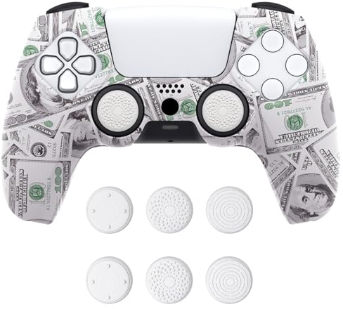PlayVital Pure Series Dockable Model Anti-Slip Silicone Cover Skin for ps5 Controller, Soft Rubber Grip Case for ps5 Controller Fits with Charging Station with Thumb Grip Caps - 100 Cash Money Dollar