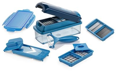 Genius Nicer Dicer Smart Gemüseschneider 10 tlg. Gemüsehobel Küchehelfer Multi Zerkleiner für Reiben Würfeln, Salatschneider Obstschneider manuell, 800 ML Behälter mit Deckel blau