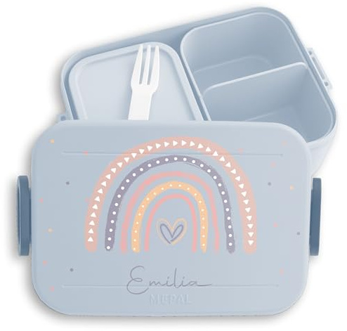 Kinder Bento Box Midi Lunchbox Mepal Bentobox - Regenbogen mit Namen | Ideal für Kita und Grundschule | Geschenk zur Einschulung Mädchen - 900 ml - Hellblau - lunch girls brotbox schule rainbow
