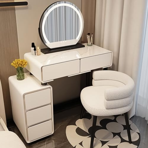Toilette da Trucco con Cassettiera Moderno Tavolo CosmeticoToeletta con Luci LED, Postazione Make Up con Sedia Trucco, Facile da Montare per Camera da Letto(White,80/31.5cm)
