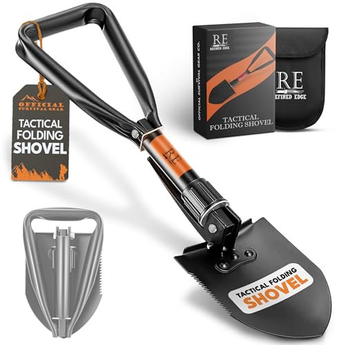 Pala pieghevole, 45,7 cm, pala da sopravvivenza per zaino, in acciaio al carbonio di grado militare con bordo sega, pieghevole con custodia per il trasporto