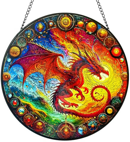 Huyfoig Fire Dragon Stained Glass Window Hanging, Cartoon Dragon Suncatcher for Window Wall Decor, Welcome Sign for Front Door, Dragon Gift for Birthday, Christmas 7.9/20cm