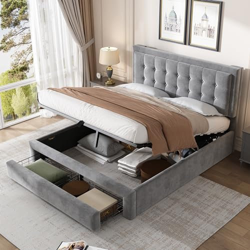 Aoskem Polsterbett Doppelbett Bett 140x200 cm mit Kopfteil und Schubladen, Bett mit Stauraum, Hydraulisch Bettgestell mit Lattenrost, Stauraumbett Jugendbett Rückenlehne Bett, Ohne Matratze, Samt Grau