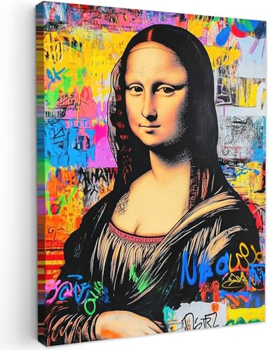 MuchoWow© Bild auf Leinwand Schlafzimmer Bilder Badezimmer Wand Deko | 60x80 cm - Wohnzimmer Modern Wanddeko Bilderwand Geschenk Graffiti - Neon - Mona Lisa - Kunst - Da Vinci