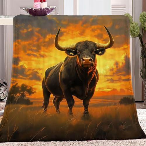 3D Druck Fleecedecke Ölgemälde Sonnenuntergang Stier Flanelldecke Kuscheldecke Orange Farbe Weiche Warm Flauschige Decke TV Decke Sofadecke Wohndecke Tagesdecke Kinderdecken 150 x 200 cm
