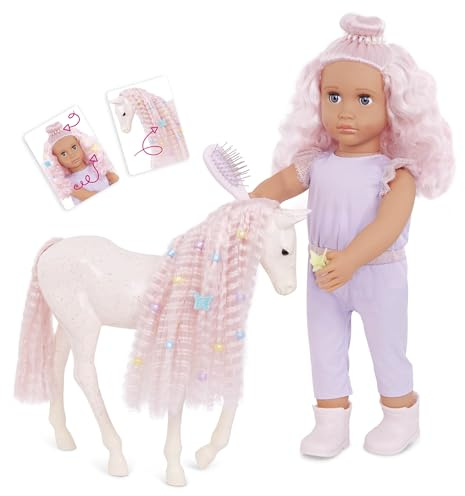 Our Generation - Elara y Lumina - Set de muñeca y Potro de Caballo de 46 cm - Cabello Rosa a Juego - Accesorios de peluquería y estética - Jugar a Simular - Juguete para niños a Partir de 3 años