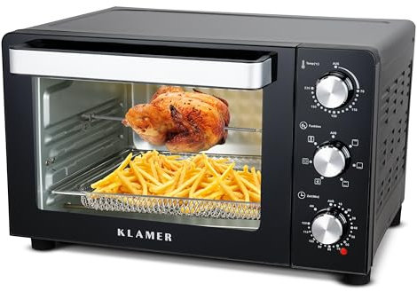 KLAMER Minibackofen mit Umluft (30 Liter), 6 Backfunktionen, 70-230°C, 120 min. Timer, Mini-Ofen inkl. Drehspieß, Grillgitter, Grillrost und Krümelblech, 1.500 W, Pizza Ø30cm, Schwarz
