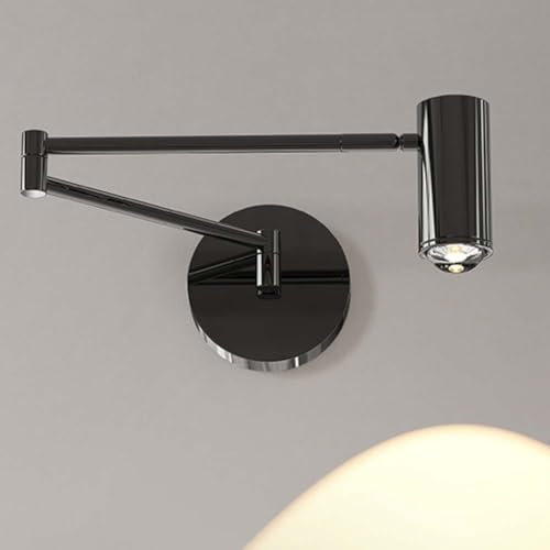 LOGT LED Schwarz Wandleuchte Innen Verstellbare Swing Arm Wandlampe Klappbare Langer Arm Wand Leselampe 360° Schwenkbar Wipp Wandstrahler mit Gelenkarm 8W Retro Industriell Wandbeleuchtung