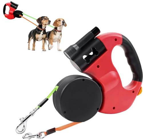 3 m rullkoppel för 2 hundar, dubbelt koppel hundkoppel med LED-ljus, 360° roterbar, reflekterande nylon, justerbar, för små och stora hundar