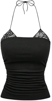 GORGLITTER Damen Top Sommer Trägertop mit Spitze Necholder Tops Ärmellose Oberteile Camisole Trägershirt Spitzentop Freizeittop Partytop Clubtop Schwarz S