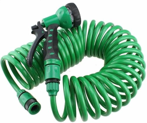 Garden Hose Pipe | Expandable Garden Coil Hose SprayGun Hosepipes Coil | 5 Function Pipe Reel Water SprayGun Nozzle Plant & Flower Watering Patio Decking Cleaning (10m-15m)