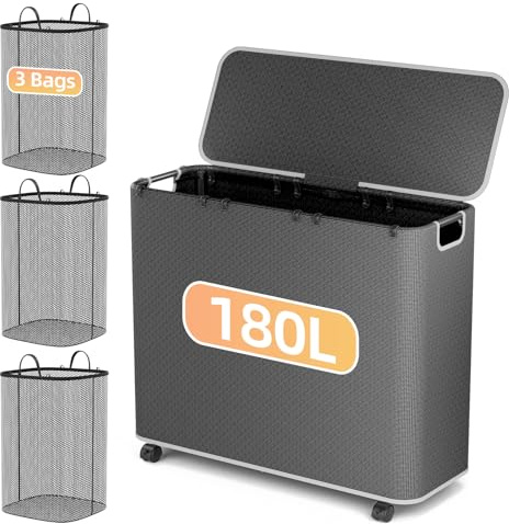 Yecaye 180L Laundry Basket With Lid and Removable 3 Bags, Large Rolling Laundry Hamper with Lid, 3 Section Rolling Clothes Storage With Wheels, Clothes Hamper with Wheels For Laundry Room, Black