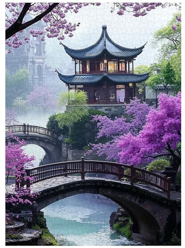 PICKFORU Plum Blossom Dreamscape Puzzles for Adults 1000 Pieces, Vintage Flower Tree Scenery Puzzles, Impossible Unique Lake Park Theme as Home Decor