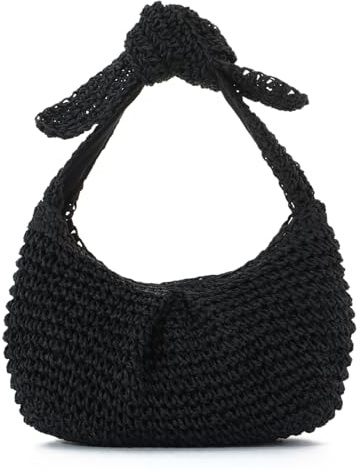 Ynport Crefreak Damen Strandtasche aus Stroh - Sommer Hobo Umhängetasche mit Schleifendetail, Handtasche mit Tragegriff oben für den Reiseurlaub, Schwarz