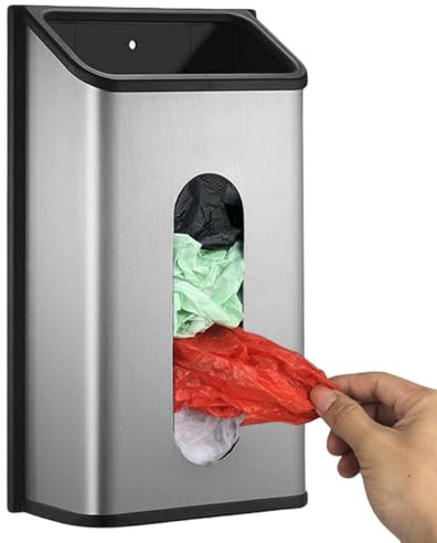 Support de sac poubelle en acier inoxydable – Distributeur mural pour cuisine, design anti-traces de doigts, vis et adhésif, large ouverture pour couvre-chaussures et pochette de courses