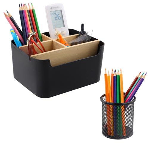Schreibtisch Organizer, 5 Fächer Holz Desktop Stift mit Schwarz Stifthalter Stiftebox, Stiftehalter Schreibtisch, Desk Organizer, Pen Holder, Tischorganizer für Stifte Handy Gläser Kosmetika Schere