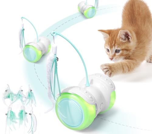 ZeLing HTL Interaktives Katzen-Spielzeug Auto: 360°Freilauf-Funktion,2 Kamillenminze-Federn,Auto/Manuell - Modus - Für Wohnungskatzen